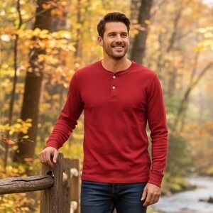 Vintage LL Bean River Driver's  Red Mens S Henley Long Sleeve Shirt Made in USA